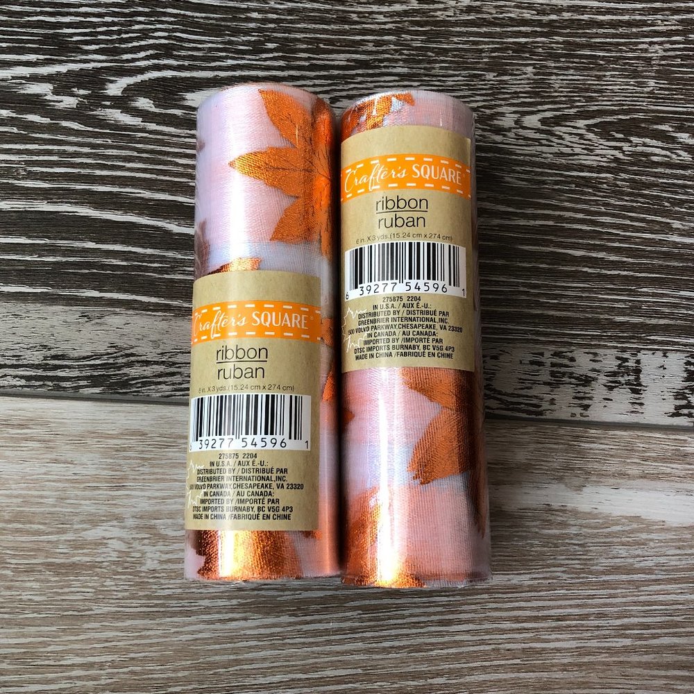 NIP 2 Rolls Fall Theme Ribbon Sheer White w Metallic Orange Leaves 2 yds ea